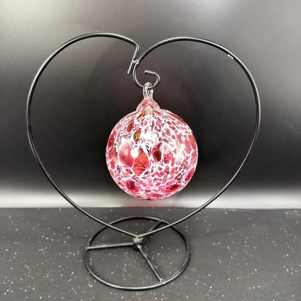 Hand Blown Glass Friendship Ball Ornament Pink‎ White Speckled Heart Stand VTG